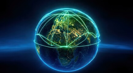 A glowing globe connected by network lines against a dark backdrop.