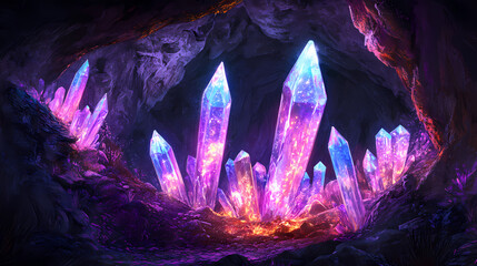 A rare cave filled with glowing, multicolored crystals growing from the walls and ceiling. Crystal Canyon. Illustration