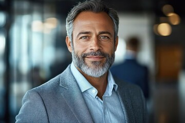Naklejka premium professional businessman portrait office middle aged executive man gray blazer corporate manager confident modern setting