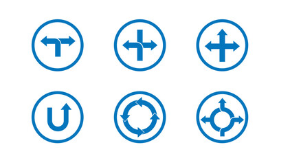 Set of turn arrow icons, T turn, + turn, u turn, circle turn. Road signs. Flat style vector illustration.