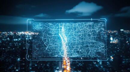 Futuristic city map displayed on a smartphone over a skyline.