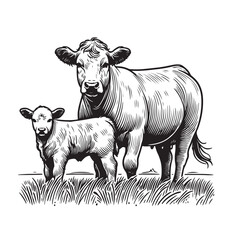 Cow and calf line art illustration