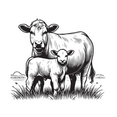 Cow and calf line art illustration