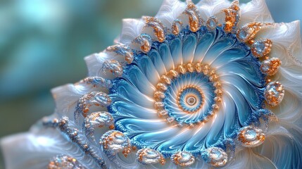 Blue gold fractal spiral art, close-up detail, soft background