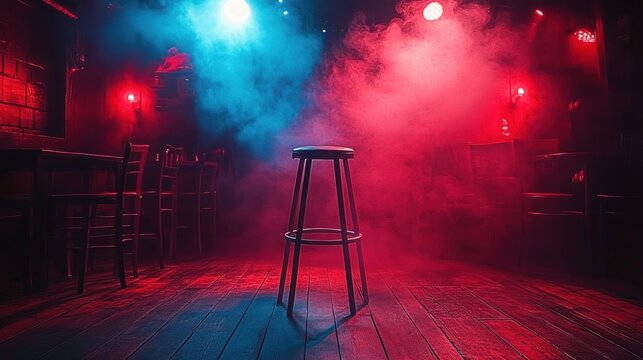 Jazz Club Scene with Spotlight Stool Fog Lights Comedian Stage Microphone Night Club Vintage