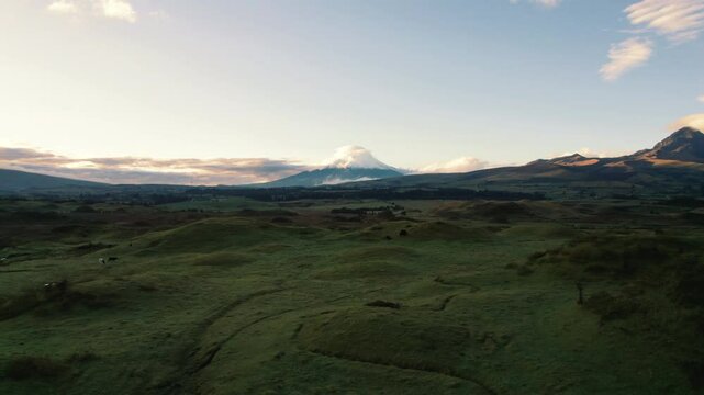 4K Aerial Drone Fly Over Cotopaxi Volcano Grean Meadow Vacation