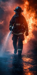 Fototapeta premium A brave firefighter sprays water to extinguish a large fire, wearing protective gear created by ai