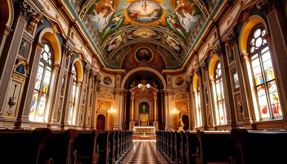 Fototapeta premium Ornate Church Interior With Beautiful Ceiling Art