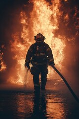 Fototapeta premium A brave firefighter sprays water to extinguish a large fire, wearing protective gear created by ai