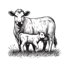 Cow and calf line art illustration