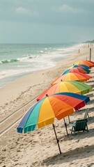 The row of colorful beach umbrella with each tone based on season to tell us tourist ratio concept.   Hight and low season.  