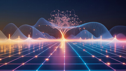 Futuristic Digital Tree with Abstract Neural Network in Glowing Landscape