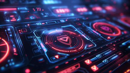 Obraz premium Detailed holographic dashboard showcasing digital checkmarks and shield icons in a professional business setting focused on security and progress