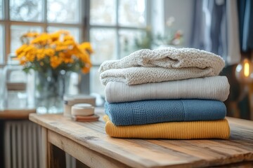 Laundry chore of a young Asian woman stacking folded clothes on a wooden table in a cozy home setting with soft natural light