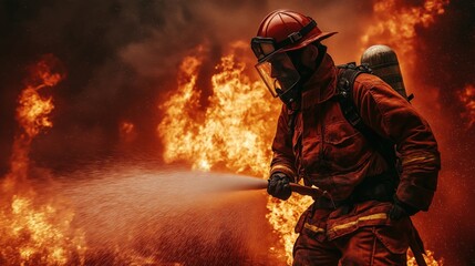 Naklejka premium A brave firefighter sprays water to extinguish a large fire, wearing protective gear created by ai