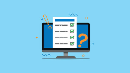 Online survey, quality test and satisfaction report, feedback, or opinion form on display computer. Flat design vector illustration. Can used for presentation, background report, element banner. etc