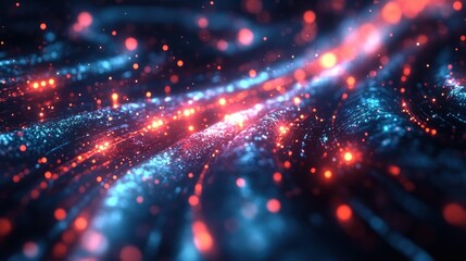 Futuristic Cybernetic Landscape with Glowing Wires and Vibrant Particles in Dramatic Lighting