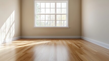 Obraz premium A bright, empty room with wooden floors and a large window, allowing natural light to illuminate the space.