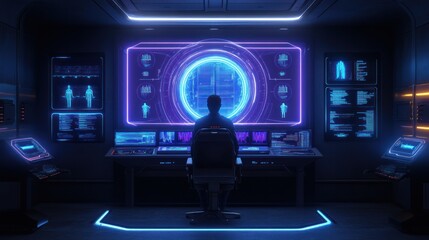 Fototapeta premium Futuristic Control Room: A lone operator monitors complex data streams on holographic displays in a high-tech environment.