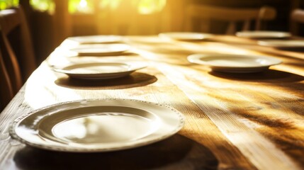 Obraz premium Empty dinner table with scattered plates and tense atmosphere, symbolizing unresolved family conflicts or emotional distance in a domestic setting.