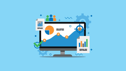 Graphs of business analysis, market research, product testing, data analysis on display computer. Flat design vector illustration. Can used for presentation, background report, element banner. etc