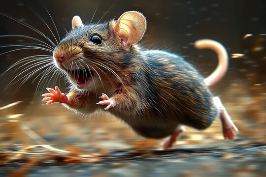 Scared gray rat running away in fear with big eyes and fluffy fur captured in dynamic motion