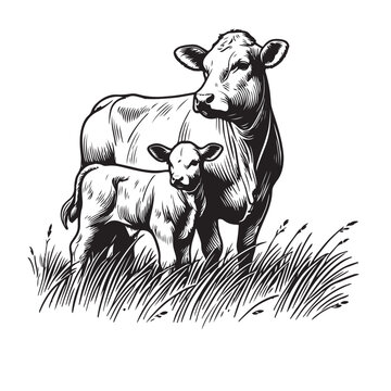 cow and calf standing in grass clip art preview