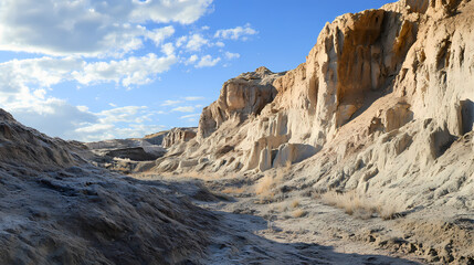 Eroded badlands landscape, with steep cliffs and jagged rock formations. Desert Frost. Illustration