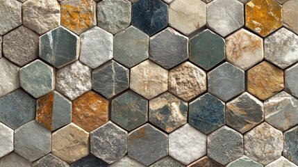 Fototapeta premium A seamless pattern of hexagonal stone tiles in various shades of brown, grey and white.
