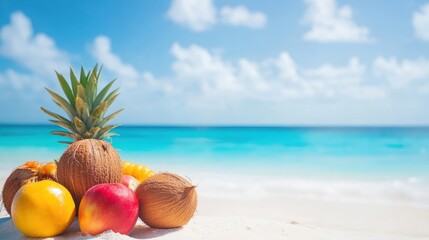 Tropical Beach Paradise: Summer Fruits by the Ocean