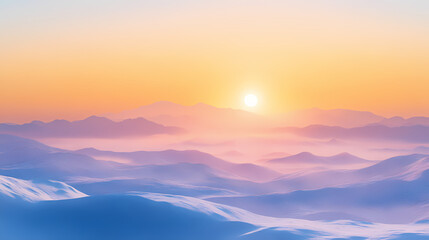 Obraz premium Frosty sunrise over a misty, snow-dusted desert landscape with rolling hills. Desert Frost. Illustration