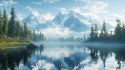 Serene Mountain Lake with Snow Capped Peaks