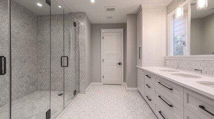 A bathroom with a white door and a glass shower
