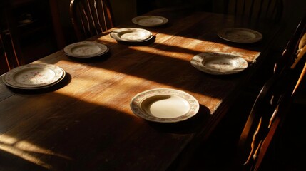 Obraz premium Empty dinner table with scattered plates and tense atmosphere, symbolizing unresolved family conflicts or emotional distance in a domestic setting.