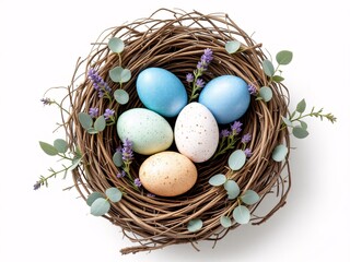 Obraz premium Nest with eggs surrounded by spring flowers