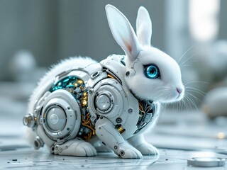 Cyborg rabbit with mechanical parts, glowing blue eye, white fur, futuristic design.