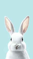 Obraz premium Fluffy white rabbit with large ears on light blue background
