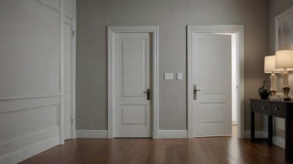 White door with room interior and contemporary door doorknob
