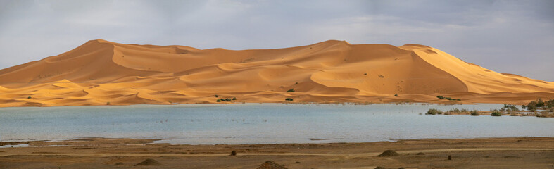 Panorama of EWrb Chebbi sand dunes and lake in Morocco