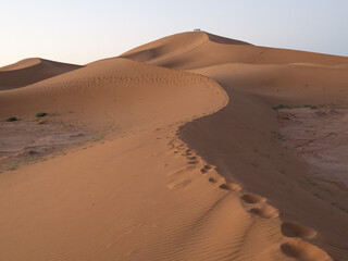 Early morning footsteps up a large Sahara Desert sand dune