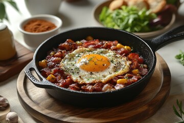 Fototapeta premium Fried egg sunny side up with bacon and corn in cast iron skillet