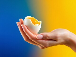 Hand holding a cracked egg with a colorful background.