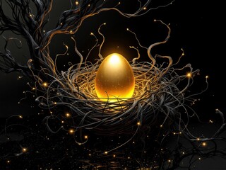 Nest with glowing egg, dark backdrop.
