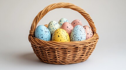 Fototapeta premium Wicker basket brimming with colorful speckled easter eggs on white background