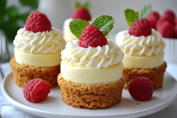 Delicious lemon raspberry cupcakes decorated with fresh mint and cream cheese frosting
