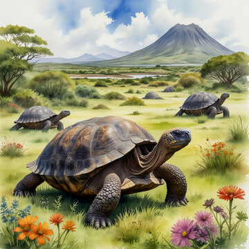 Gal&aacute;pagos Islands, Ecuador with Giant Tortoises  A watercolor of a giant tortoise slowly moving through a lush green meadow in the Gal&aacute;pagos.