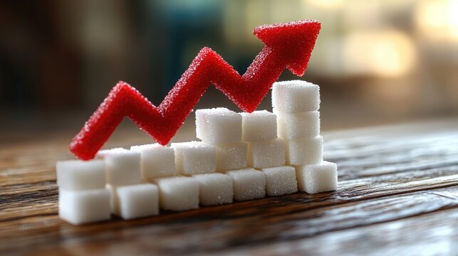 Sugar consumption decrease represented by red arrow and white sugar cubes