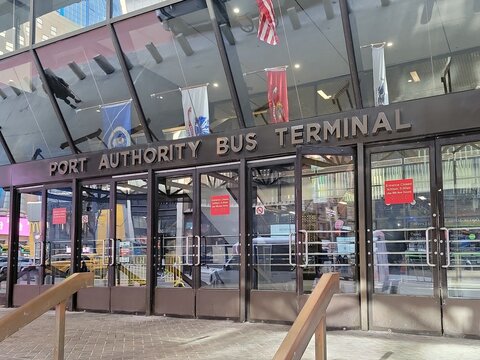 Port Authority Bus Terminal at 42 St, NYC, is largest in the world, serving about 8,000 buses and 225,000 people on weekday and more than 65 million people a year. Photograph by Artist Nadia Russ.