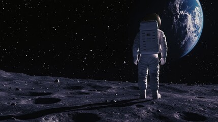 Obraz premium Astronaut Neil Armstrong, spacewalk on the Moon surface watching planet Earth from space