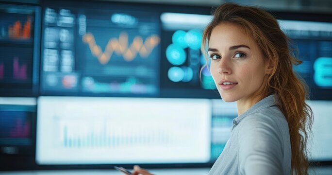 Hispanic Female Data Scientist Presenting Risk Management Data in Modern Office with Digital Screens